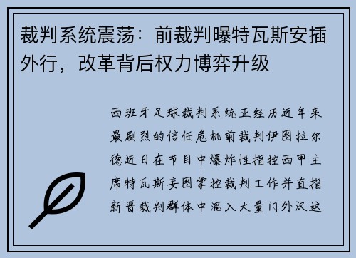 裁判系统震荡：前裁判曝特瓦斯安插外行，改革背后权力博弈升级